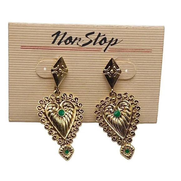 Green Enamel Heart Dangle Drop Earrings Post Back Closure Gold Tone Vintage - Picture 1 of 6